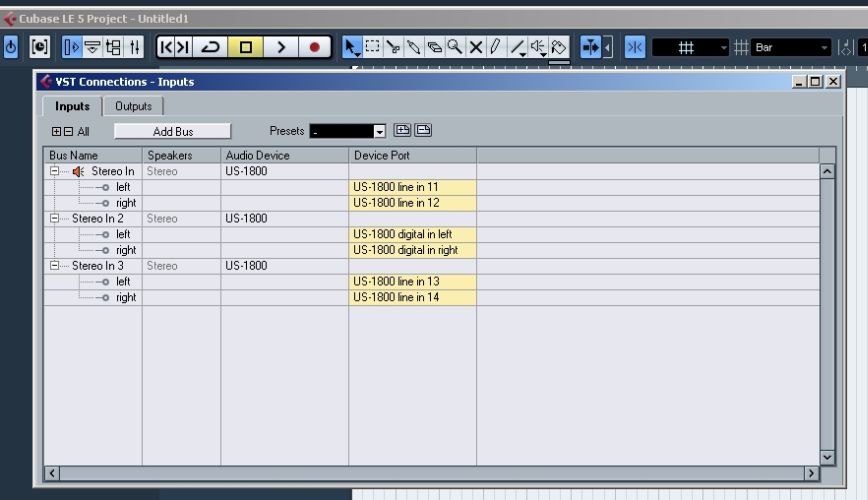 US-1800 Devices->VST Input Connections within Cubase LE5