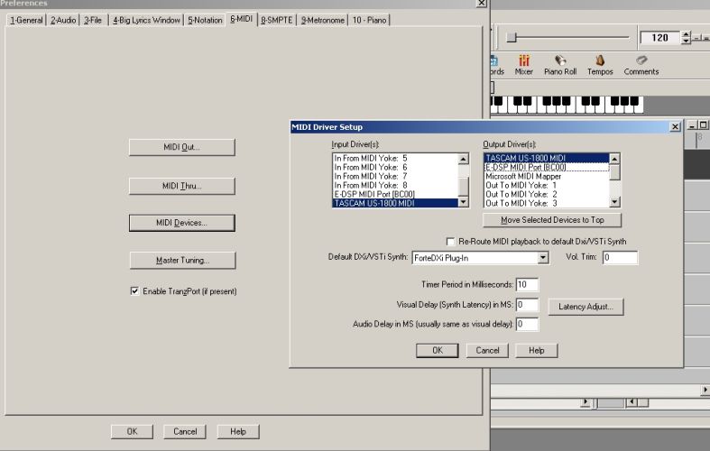 US-1800 MIDI configuration within Power Tracks